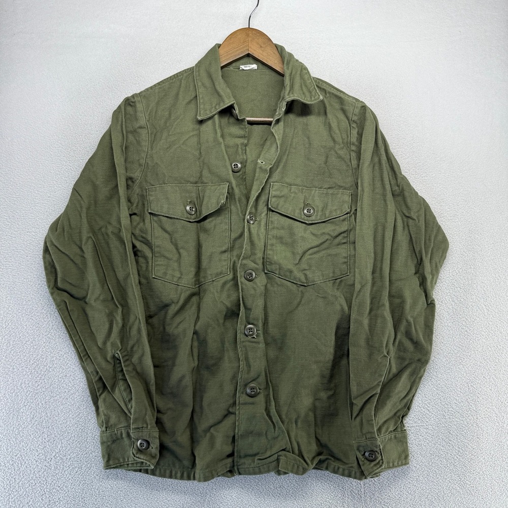 Vintage US Military Shirt Mens 14.5x33 Green OG 107 Sateen Utility Vietnam 70s